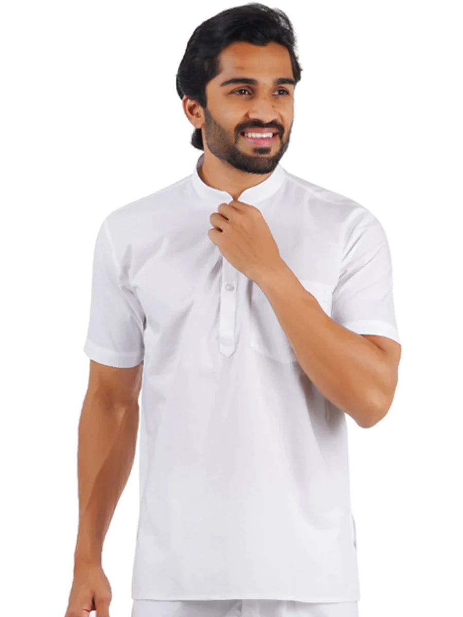 Ramraj Mens Cotton Half Sleeves Short Length White Kurta - S ( 36 )