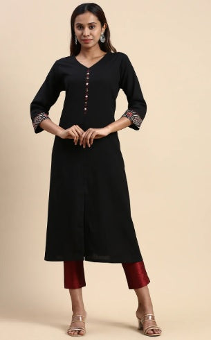 Ramraj Womens Cotton Plain V Neck Straight Cut Kurti Black - M (38 )