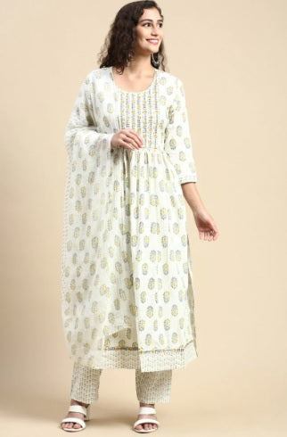 Ramraj Womens Printed & Embroidered Kurti Set Off White - M (38 )