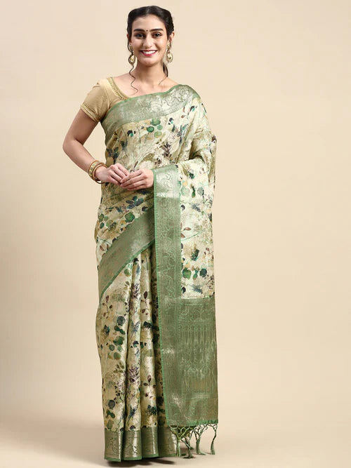 Ramraj Womens Dola Silk Flower Digital Print with Jari Border Sarees - Green