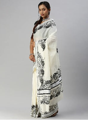 Ramraj Womens Kerala Cream Peacock Feather Printed Saree with Silver Zari Border - 