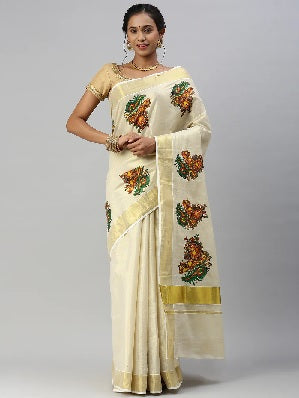 Ramraj Womens Kerala Tissue Krishna with Flute Printed Gold Jari Border Saree - 