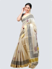 Ramraj Womens Kerala Tissue Printed Gold Jari Black Designed Border Saree - 