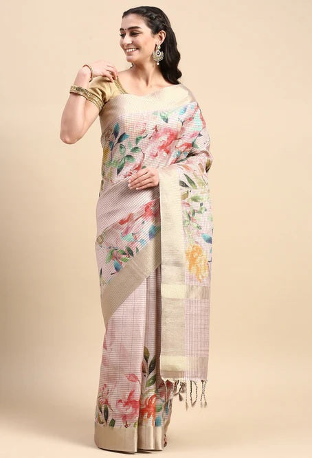 Ramraj Womens Semi Raw Silk Pink Flower Printed Saree - 