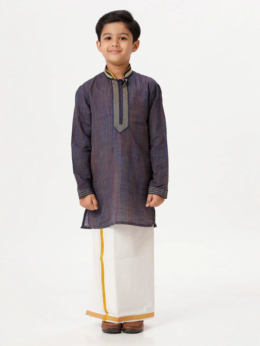 Ramraj Boys Cotton Embellished Neckline Kurta with Dhoti Combo - Navy Blue