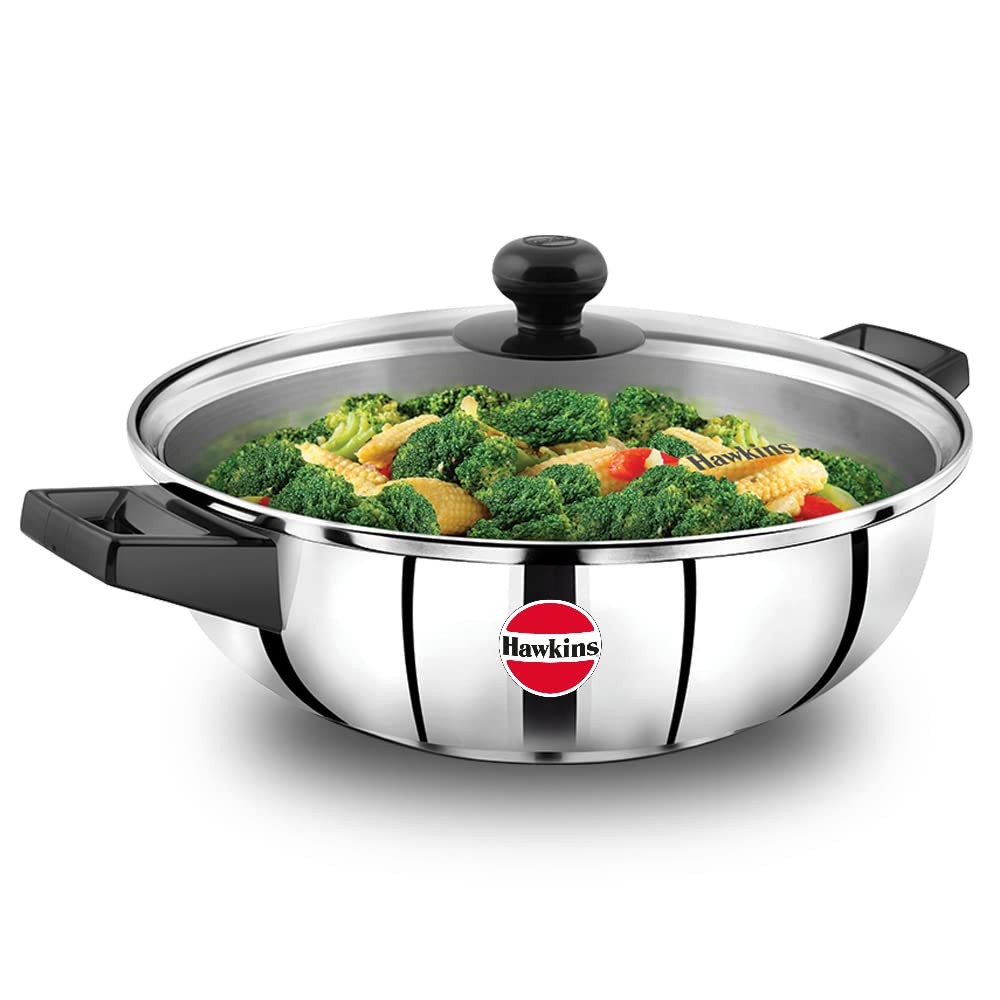 Hawkins Stainless Steel Cook n Serve Frying Pan with Glass Lid - 3 L