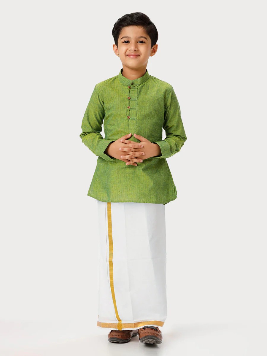 Ramraj Boys Breeze Cotton Kurta with Dhoti Combo - Yellowish Green