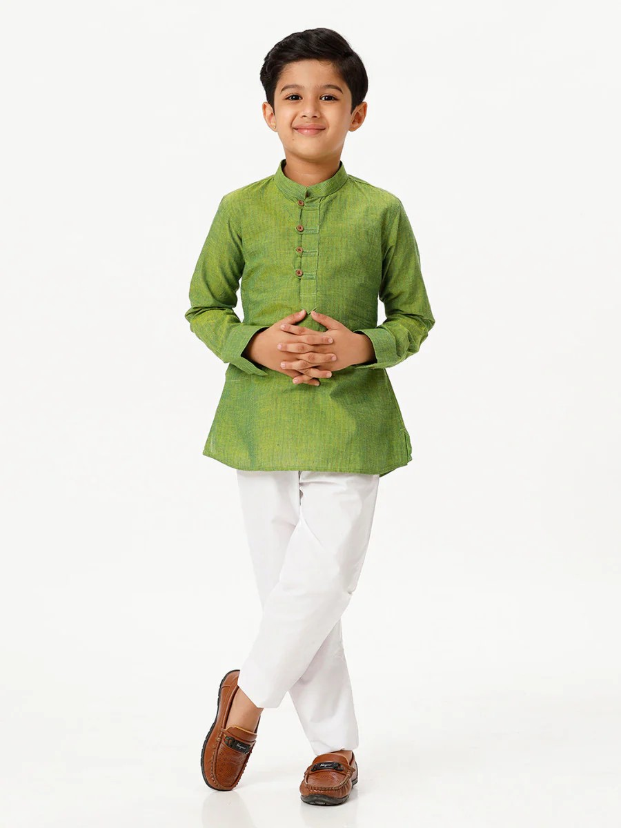 Ramraj Boys Breeze Cotton Kurta with Pyjama Pant Combo - Yellowish Green