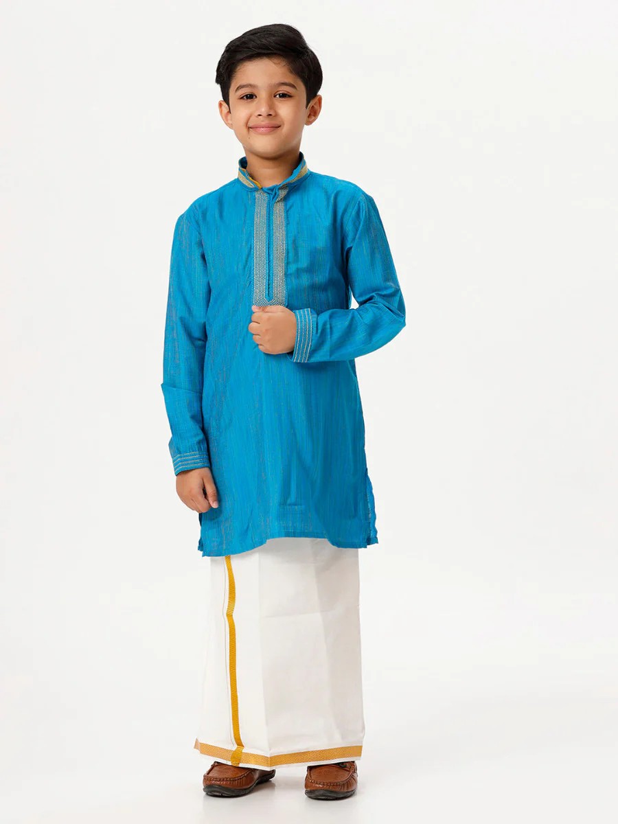 Ramraj Boys Cotton Embellished Neckline Kurta with Dhoti Combo - Sky Blue